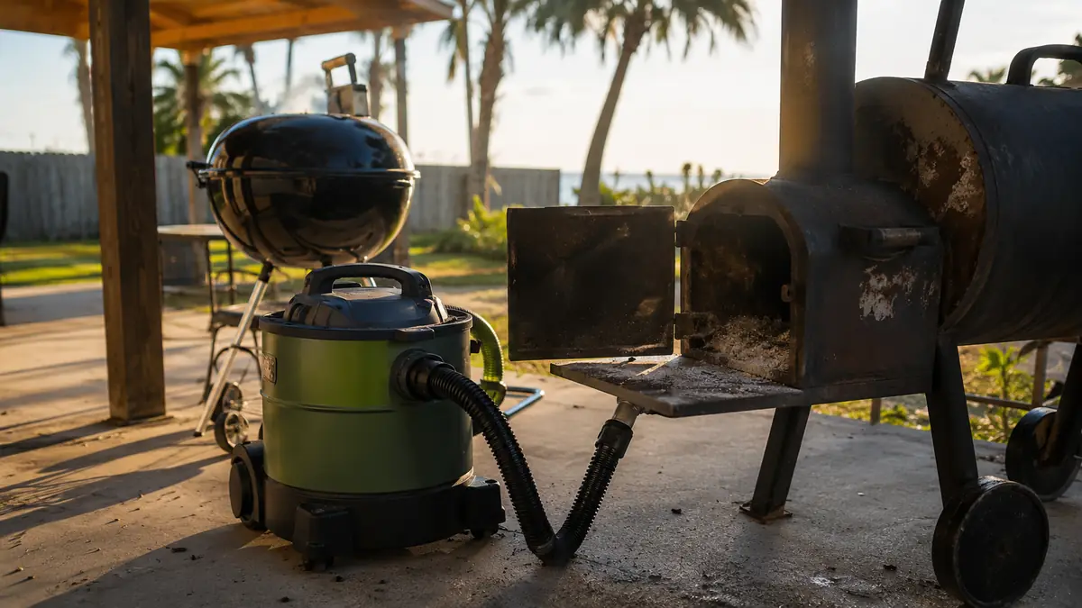 A green and black ash vacuum sitting on a concrete patio next to an open offset smoker firebox at sunrise on the Gulf Coast