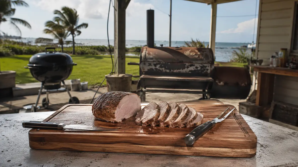 A large bamboo carving board with a juice groove sitting on a kitchen counter next to a whole sliced turkey