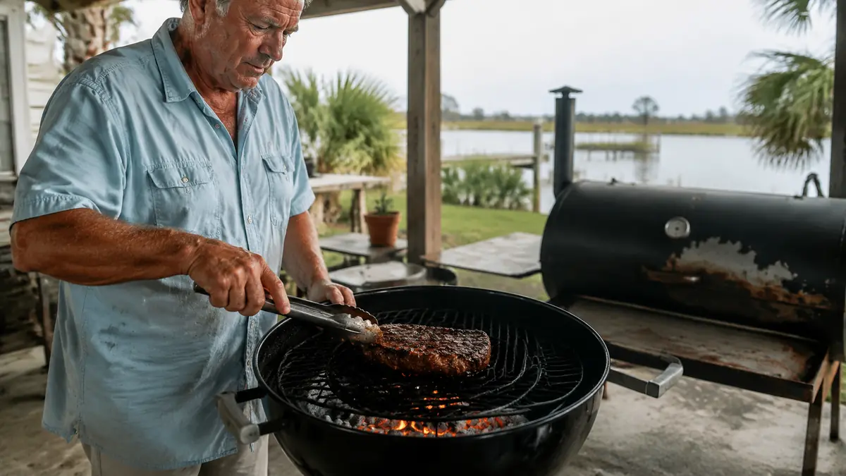 Hands rotating a steak forty five degrees on a black cast iron sear grate to build crosshatch marks