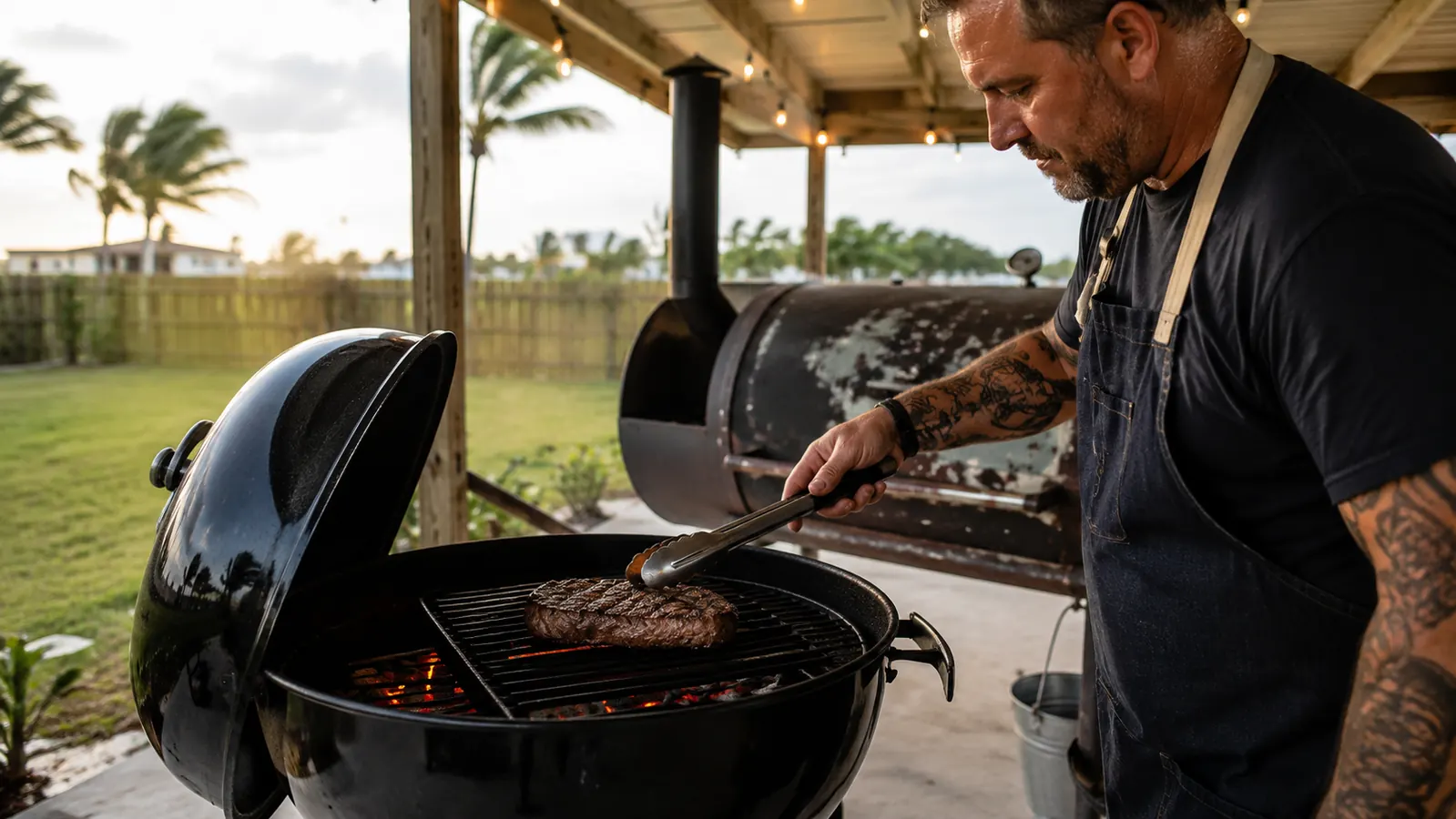 A porcelain-enameled cast iron sear grate on a kettle grill with a ribeye showing deep crosshatch sear marks