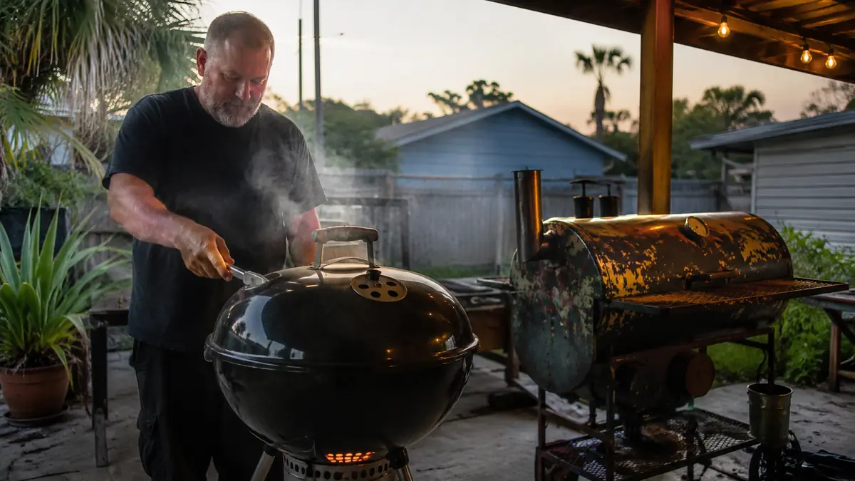 A 22-inch charcoal kettle grill glowing with a two-zone fire on a coastal patio at dusk