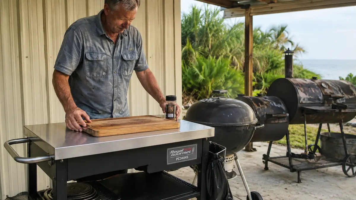 Hands setting a cutting board and a shaker of rub on the stainless top of a rolling prep table next to a trash bag hanging from its side holder
