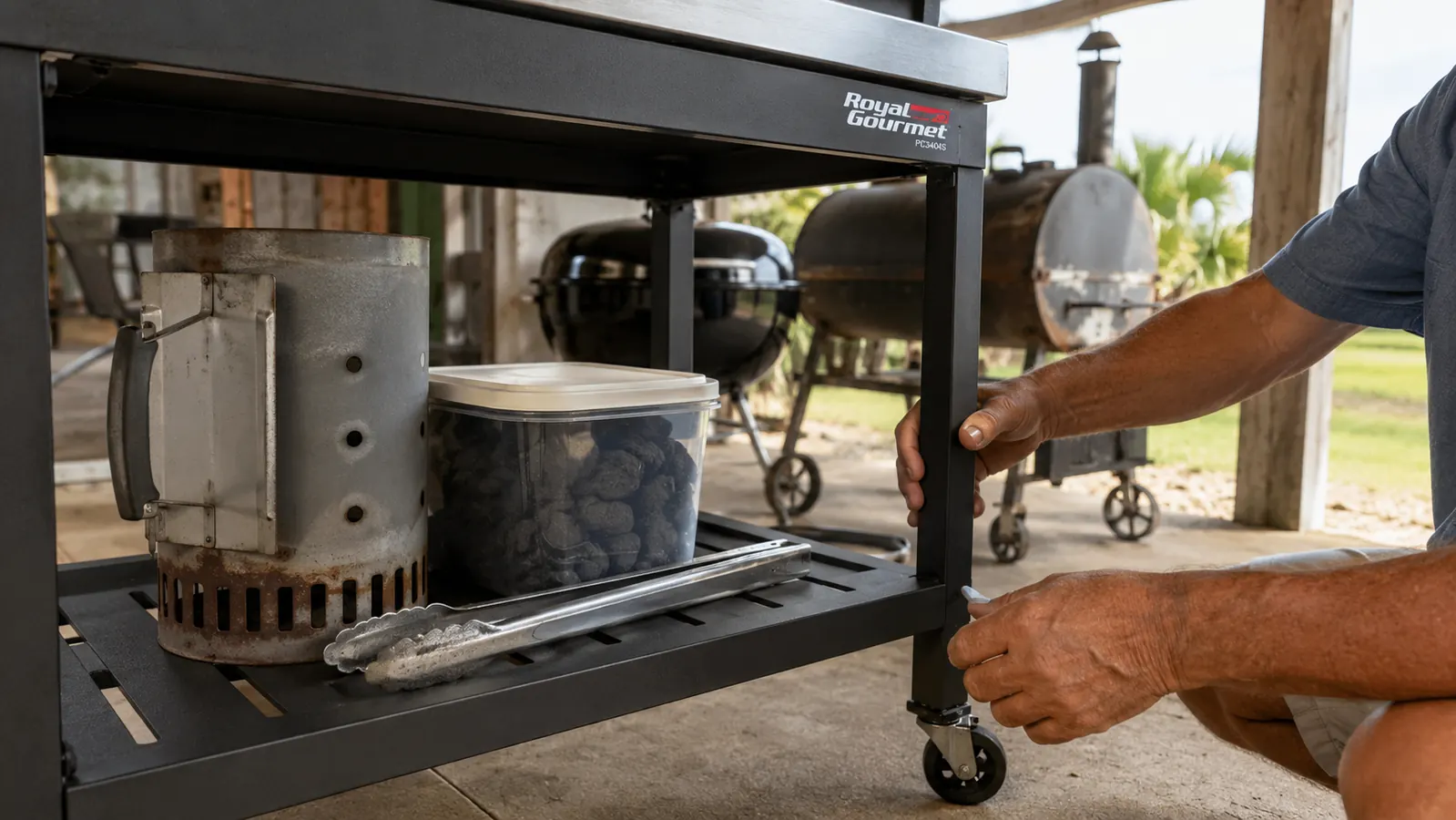 A wire storage shelf underneath a rolling prep table holding a chimney starter, a bag of charcoal, and grilling tools