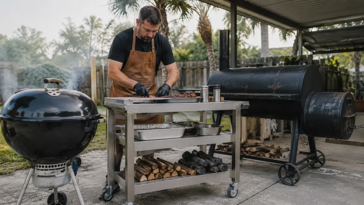 A stainless steel top rolling prep table parked on a concrete patio between a charcoal kettle grill and an offset smoker