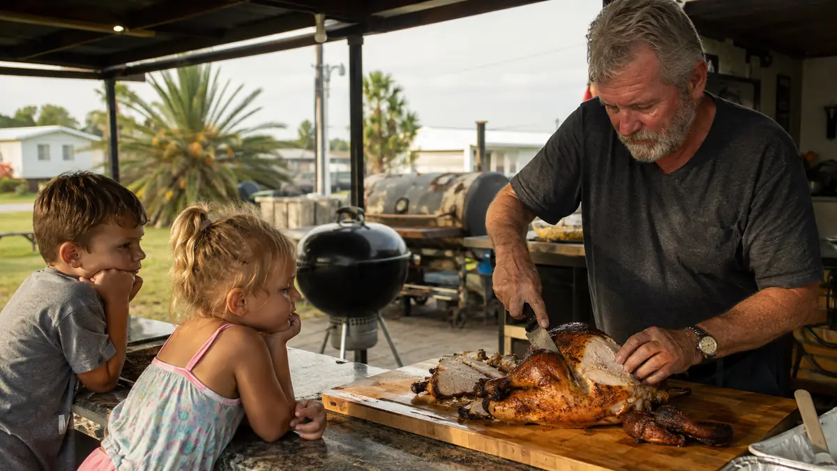 A man carving a turkey at a kitchen counter while two grandchildren watch, juice pooling in a groove on the board