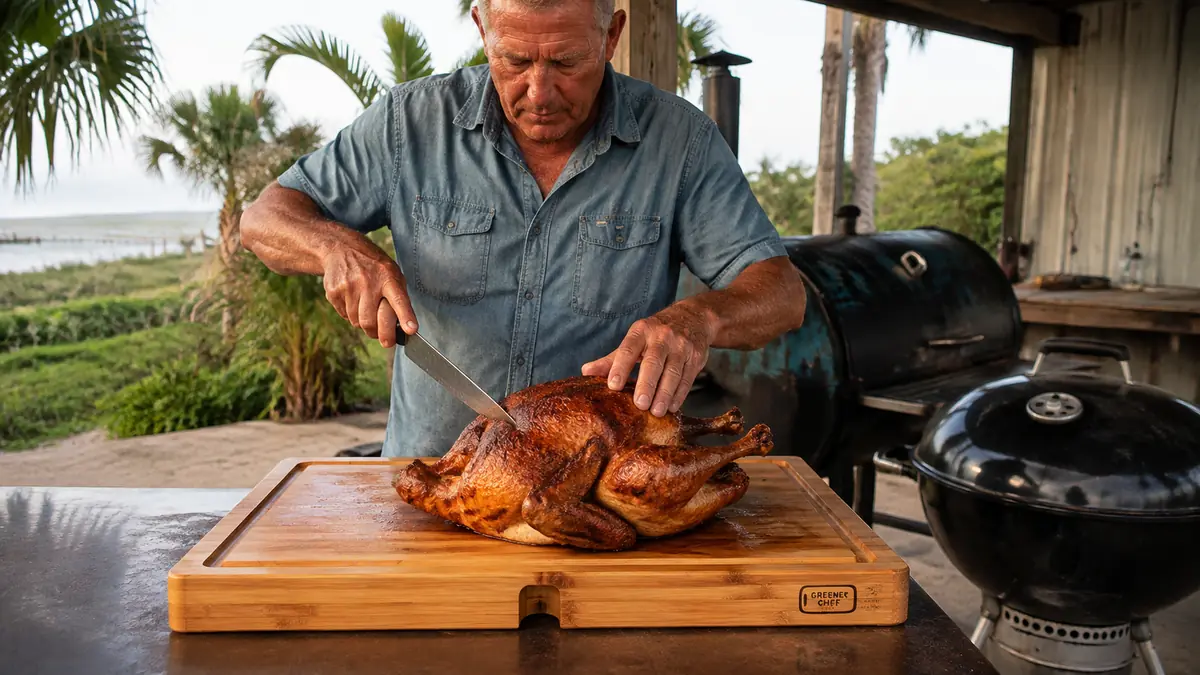 Hands carving a whole turkey on an oversized bamboo carving board with a juice groove along the edge