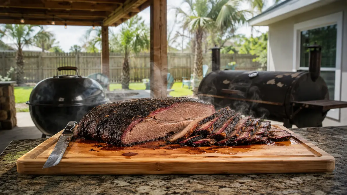 A large bamboo carving board holding a sliced brisket with juice pooling in the groove on a kitchen counter