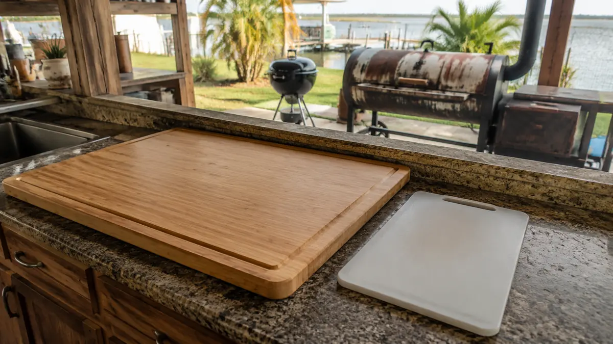 A large bamboo carving board with a juice groove sitting next to a smaller plastic cutting board on a kitchen counter