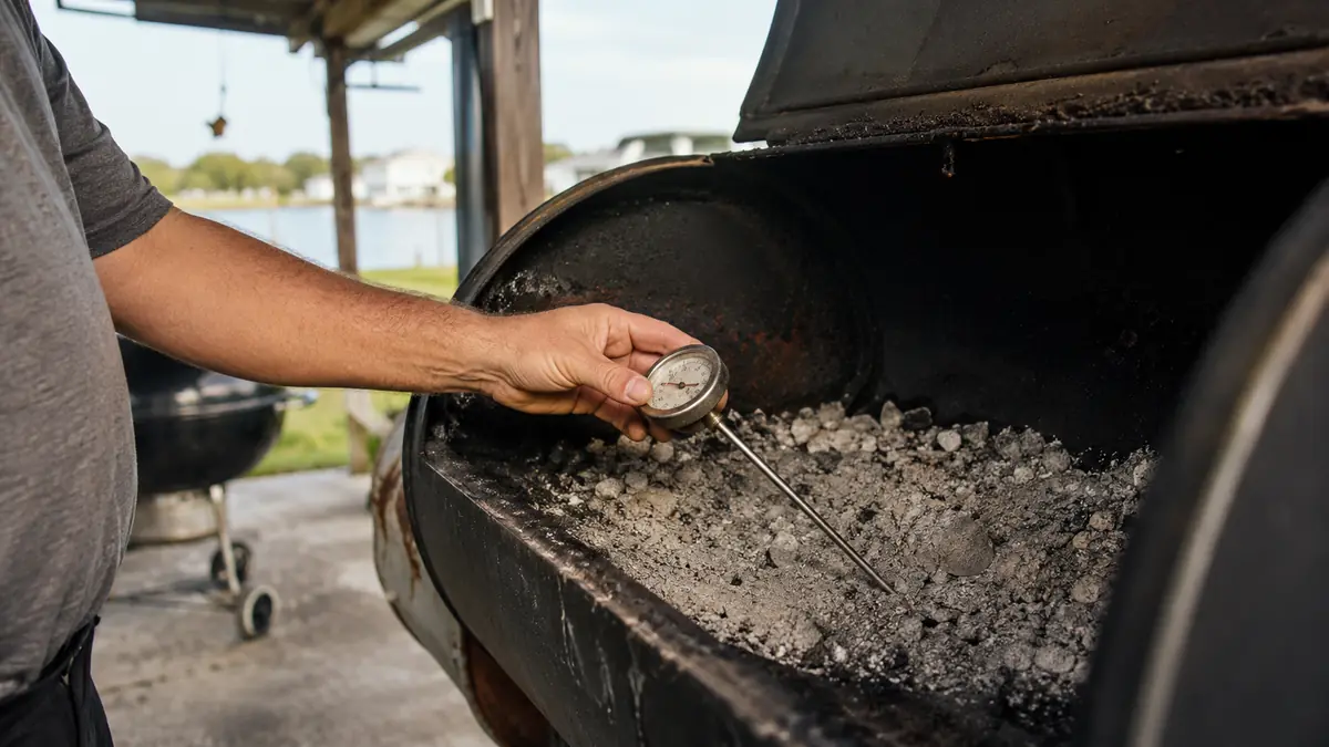 A retired meat thermometer probe pushed into a pile of gray ash inside a smoker firebox to check for hidden heat
