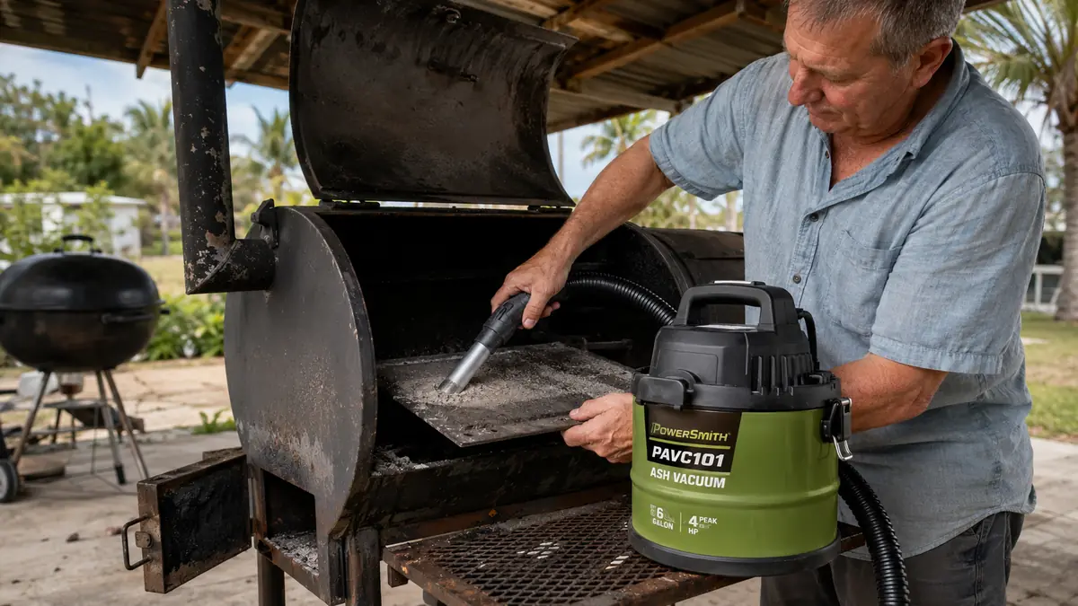 Hands guiding the rigid metal hose tip of an ash vacuum along the underside of a smoker baffle plate to clear built-up ash