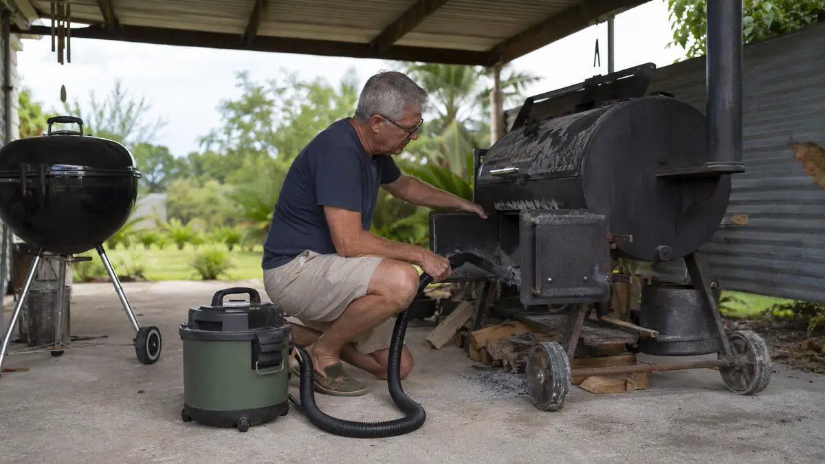 A man kneeling beside an open offset smoker firebox on a coastal patio, ash vacuum canister and hose resting on the concrete