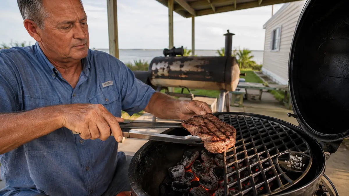 Hands using tongs to rotate a steak forty-five degrees on a black cast iron sear grate to form a diamond crosshatch pattern
