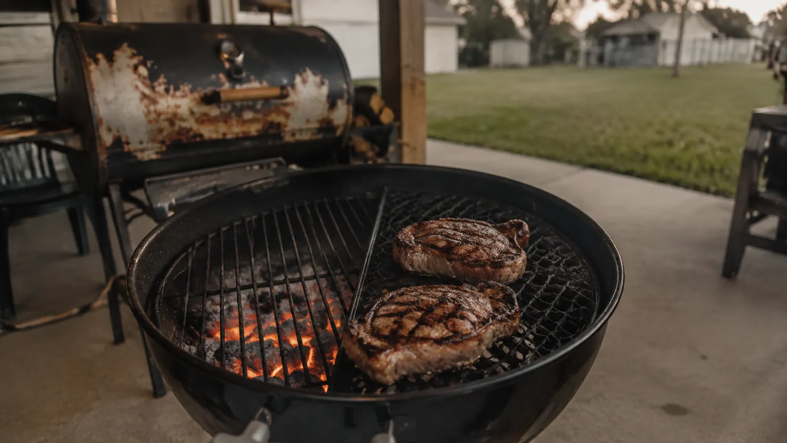 Two ribeye steaks with deep crosshatch sear marks on a black cast iron sear grate over glowing coals at dusk