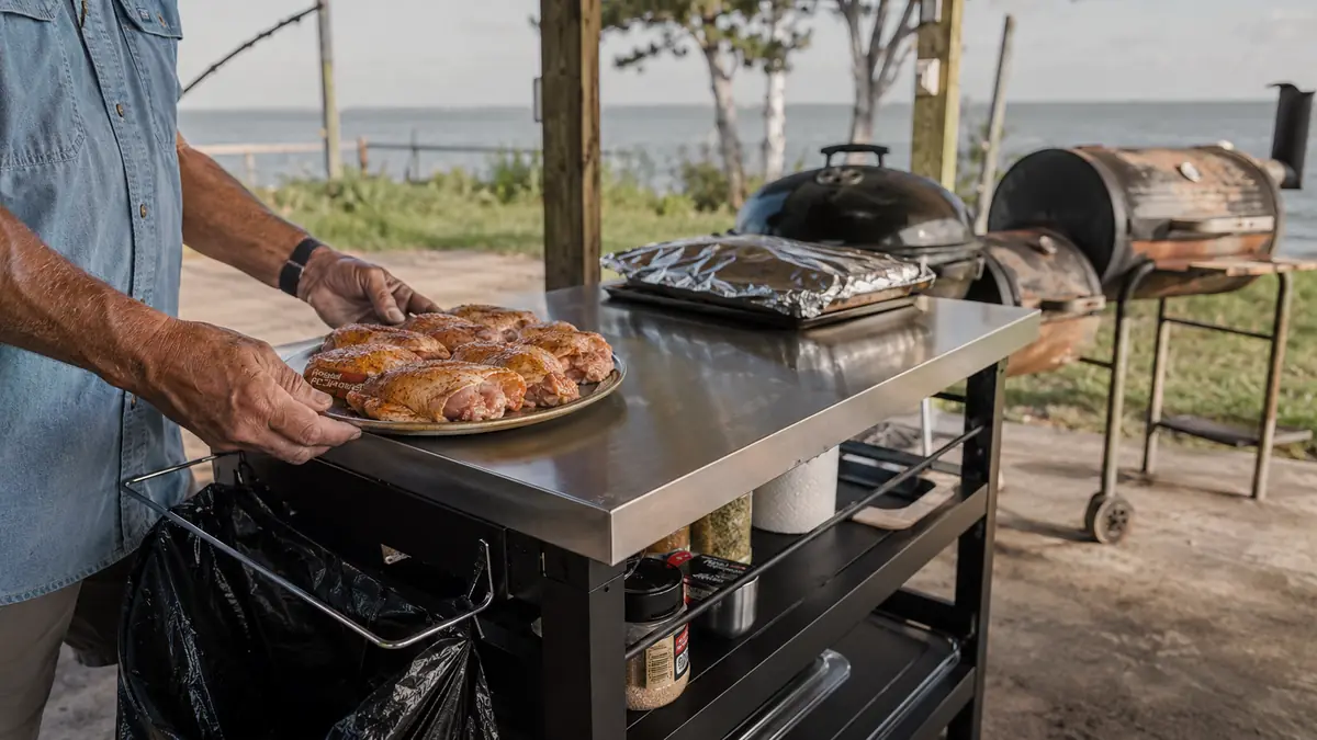 Hands placing raw seasoned chicken on one end of a stainless steel prep table cart while a platter of finished ribs rests under foil on the other end