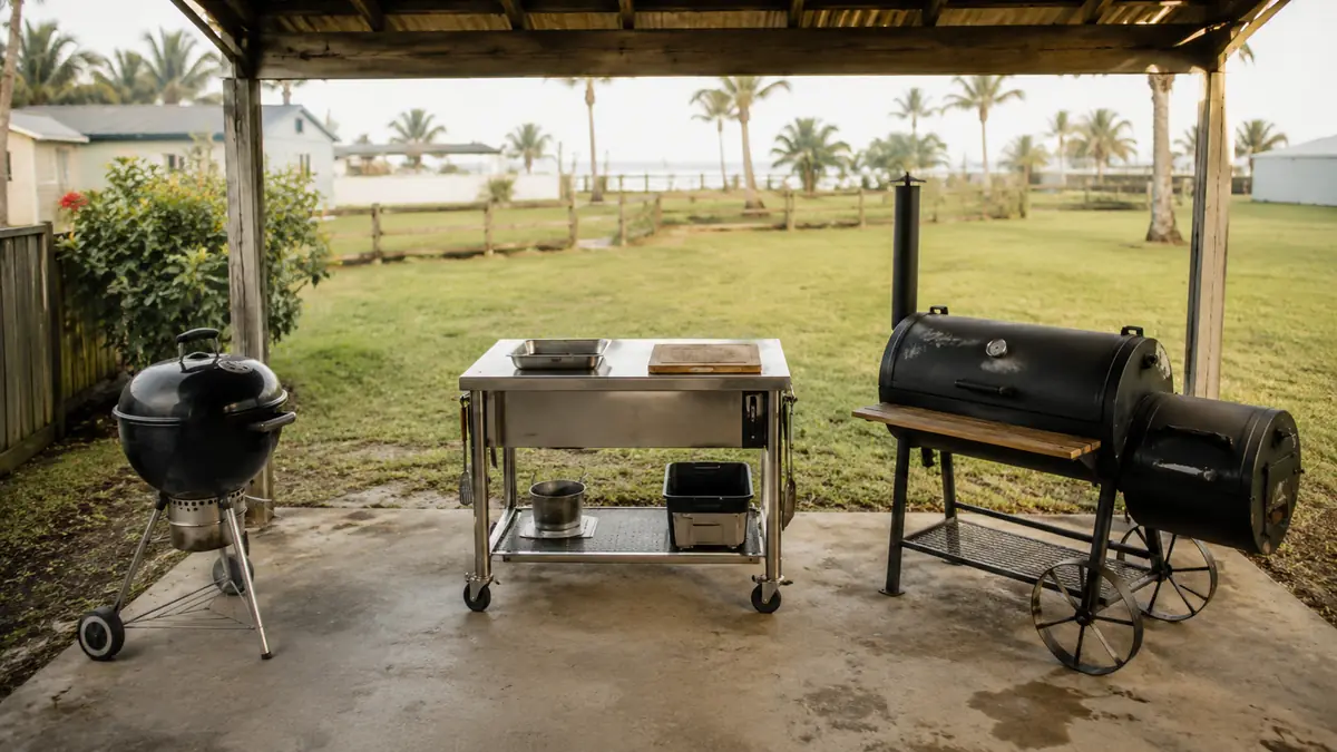 A rolling stainless steel top prep table cart positioned between a charcoal kettle grill and an offset smoker on a concrete patio