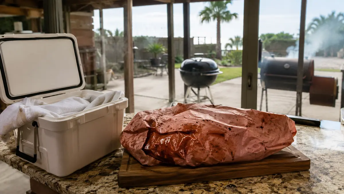 A whole rested brisket wrapped in butcher paper next to a towel-lined cooler on a kitchen counter