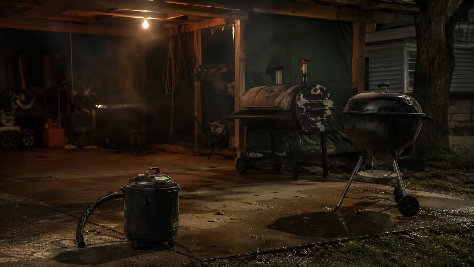 A dark garage doorway at night with a shop vac hose coiled on the concrete and a faint haze of smoke in the air