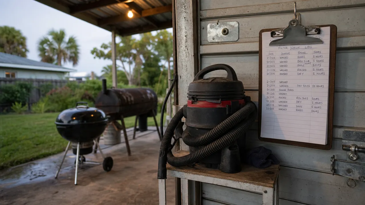 A maintenance log clipboard hanging in a garage next to a stored ash vacuum with its hose coiled around the canister