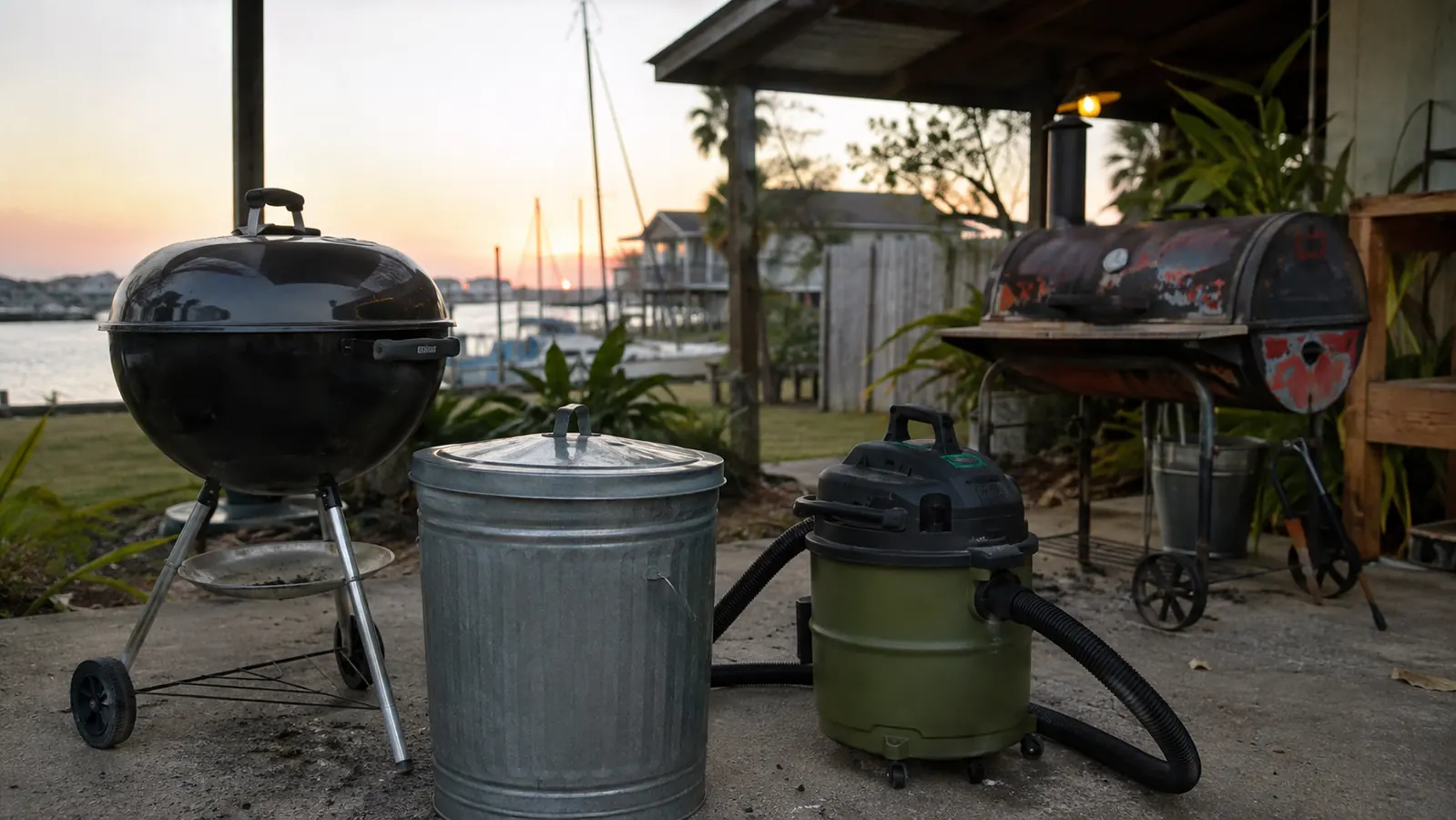 A galvanized ash bucket with a lid sitting beside a green and black ash vacuum on a concrete patio at dawn