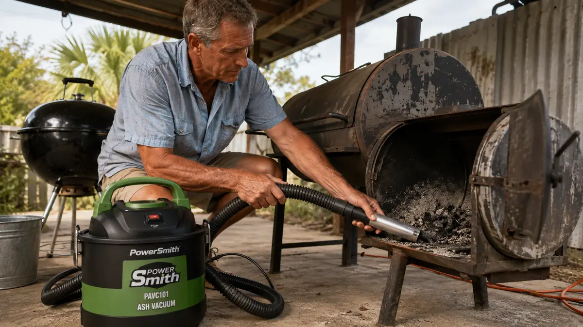 Hands guiding the rigid metal hose tip of an ash vacuum along the floor of a smoker firebox to pull out cooled ash
