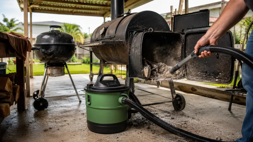 A green and black shop-style ash vacuum sitting next to an open offset smoker firebox on a concrete patio