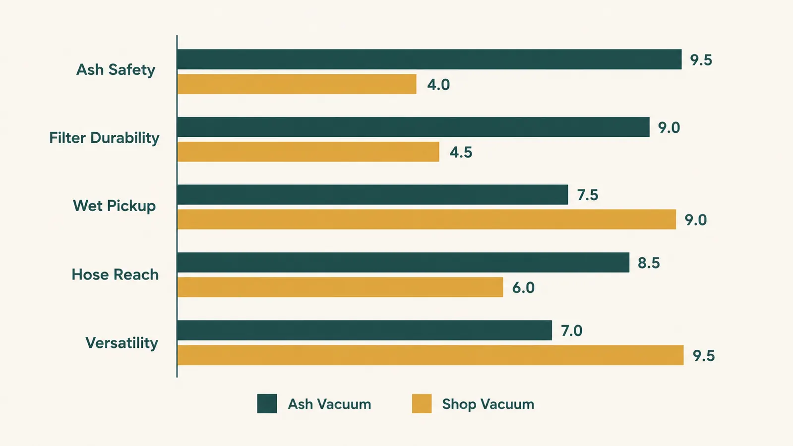 Bar chart comparing five categories between a dedicated ash vacuum and a regular shop vacuum