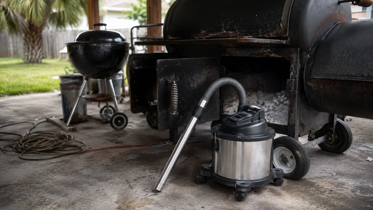 A metal canister ash vacuum with its rigid hose tip resting against the open door of an offset smoker firebox