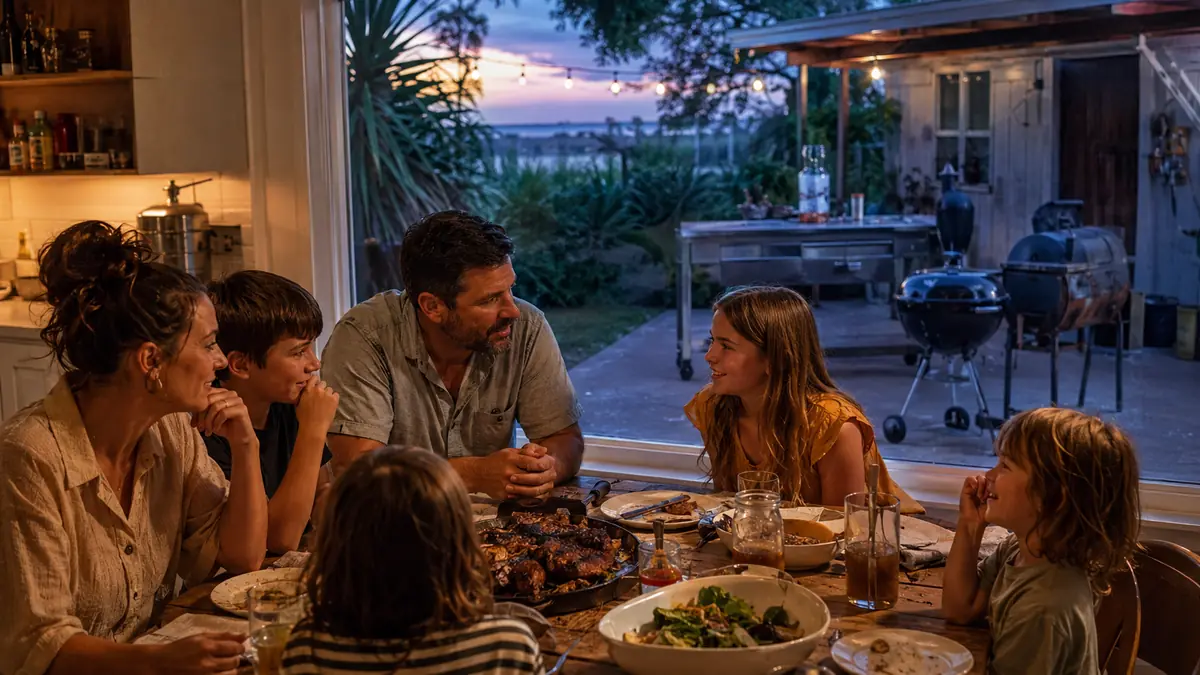 A family gathered around a kitchen table at dusk with a patio and a rolling prep cart visible through the window behind them