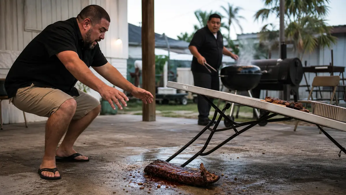 A rack of ribs dropped on a concrete patio next to a collapsed folding card table with grill smoke in the background