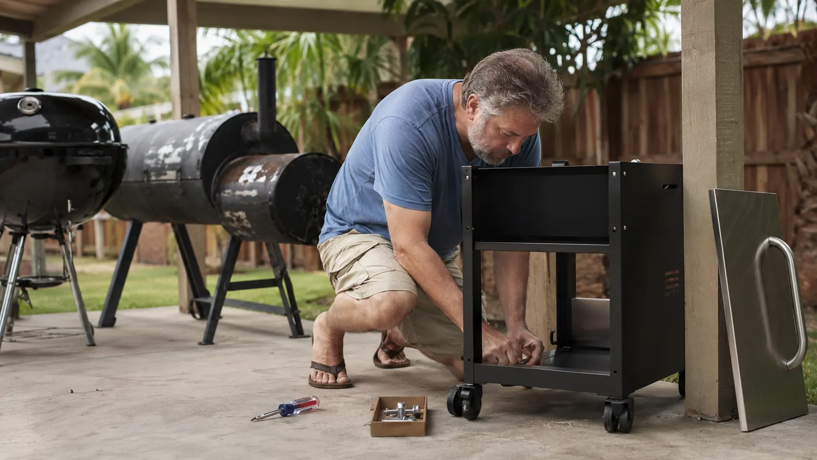A man kneeling beside a half-assembled stainless top rolling cart on a concrete patio with a screwdriver and box of hardware nearby