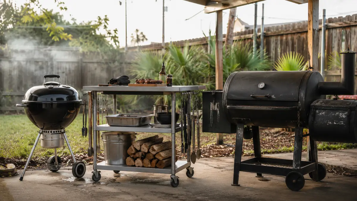 A stainless steel top rolling prep cart parked between a charcoal kettle grill and an offset smoker on a concrete patio