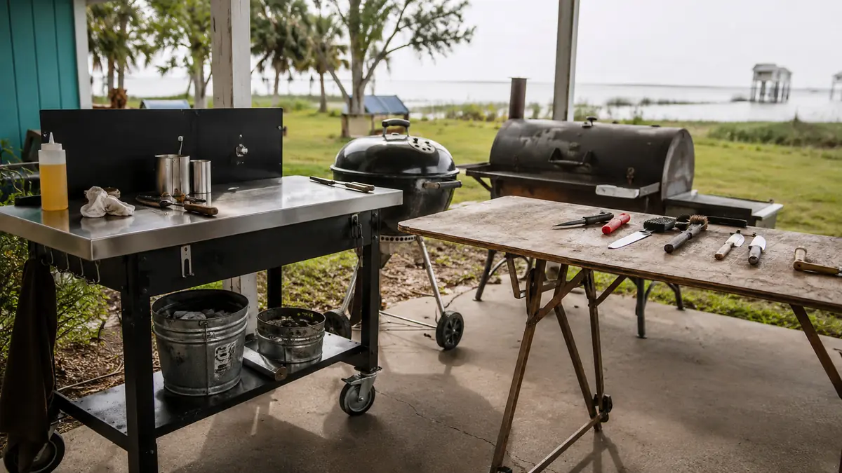 A stainless steel top rolling grill cart parked beside a homemade plywood prep table on a concrete patio