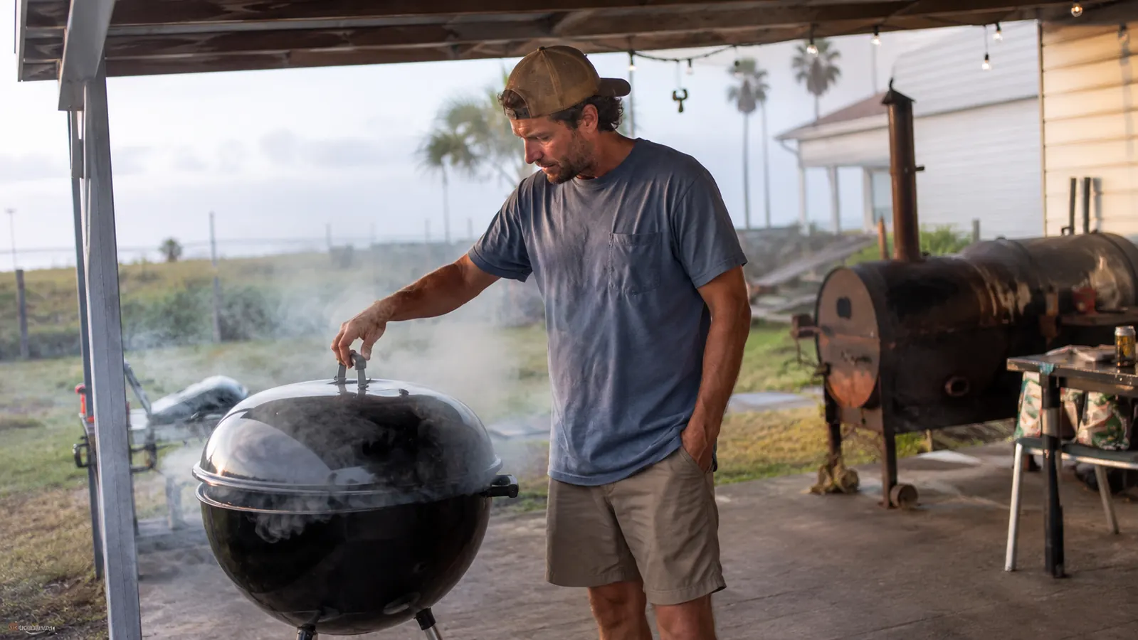 A 22-inch charcoal kettle grill on a coastal patio at sunrise with smoke curling from the lid