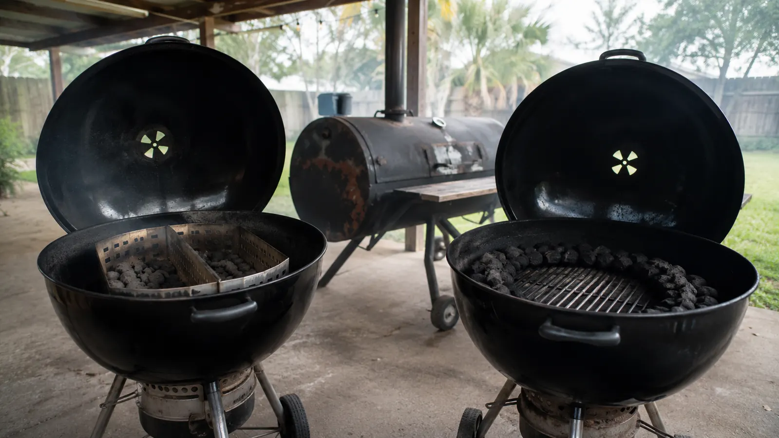 Two kettle grills side by side on a coastal patio, one loaded with a stainless charcoal basket insert and one with a charcoal snake
