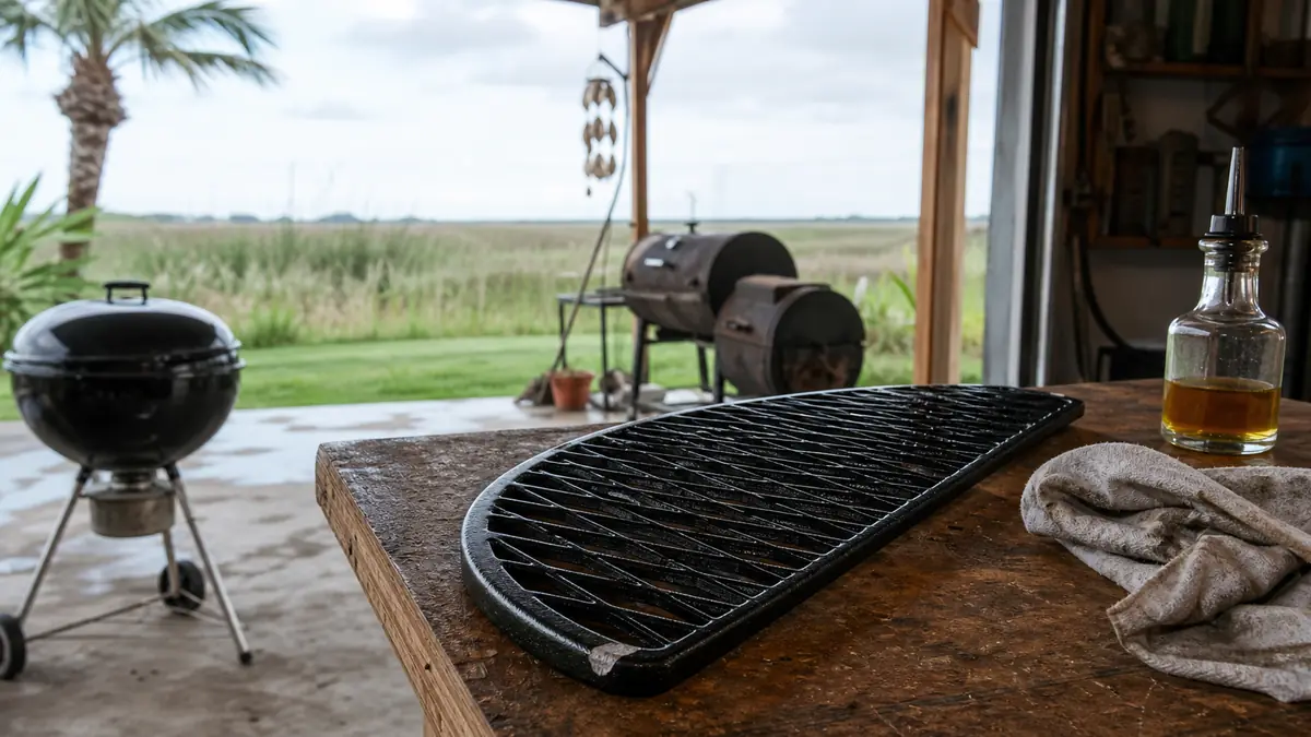 Close-up of a porcelain-enameled cast iron sear grate with a small chipped corner exposing bare iron, resting on a workbench