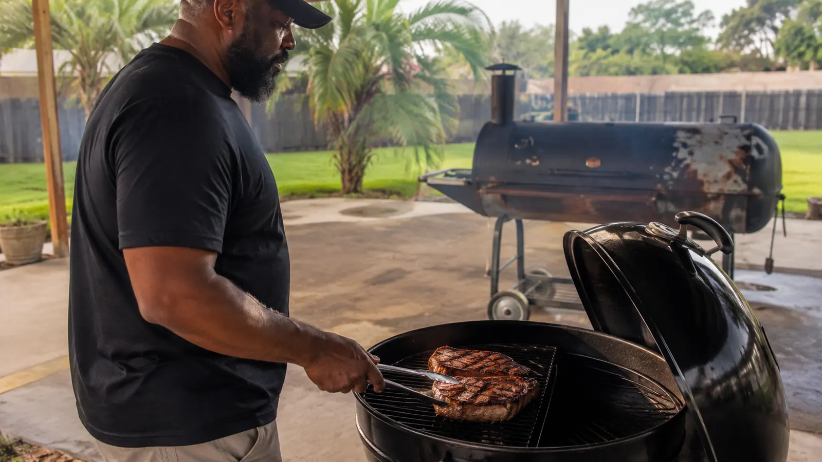 A porcelain-enameled cast iron sear grate holding two ribeyes with deep crosshatch marks on a 22.5-inch kettle grill